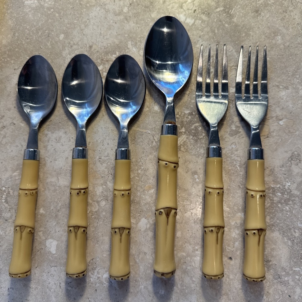 VTG 6 Faux Bamboo Plastic Handle Stainless Flatware‎ Cambridge TIKI spoons forks